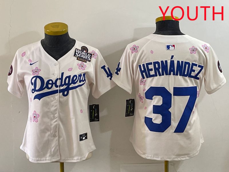 Youth Los Angeles Dodgers #37 Hernandez Cream Sakura Edition 2025 Nike MLB Jersey style 36->youth mlb jersey->Youth Jersey